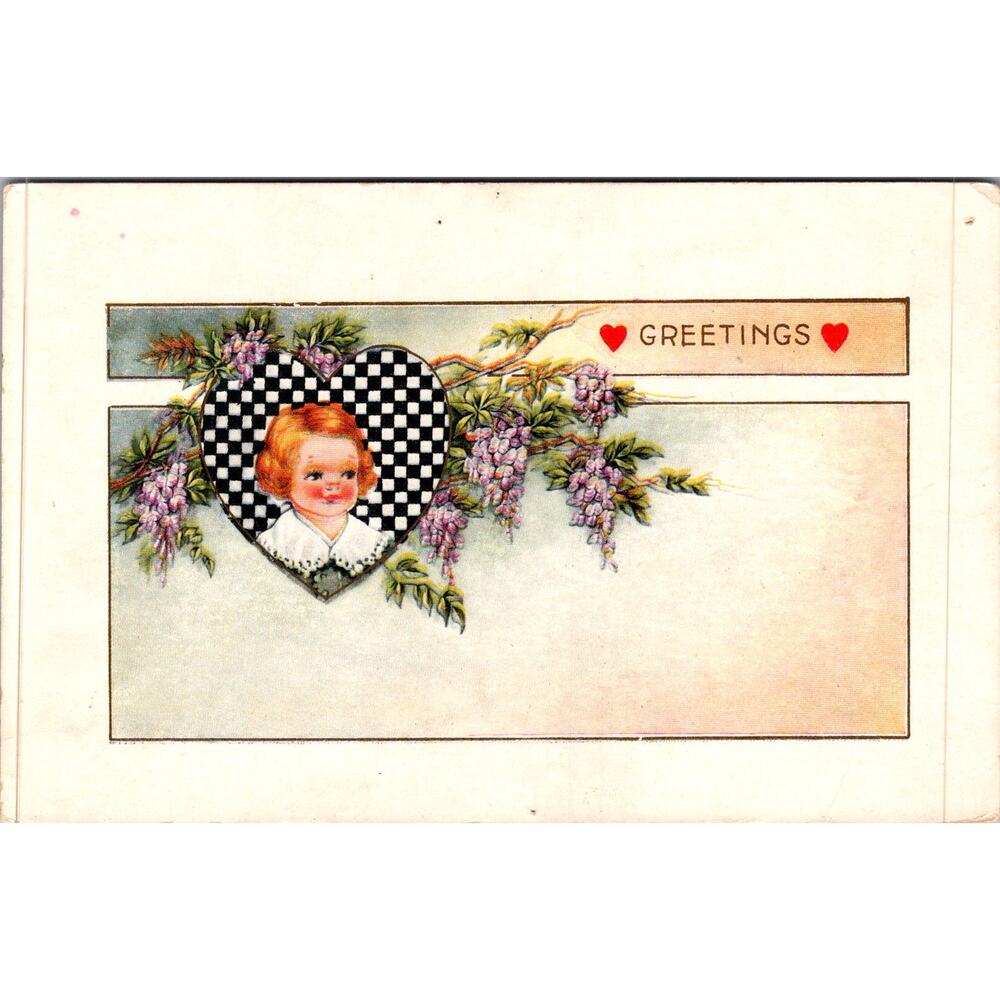 Child in Checkered Heart with Purple Wisteria Vintage Postcard SP17-26